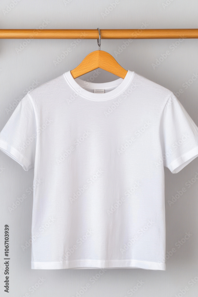 Plain white t-shirt hanging on a wooden hanger against a neutral background. Plain white t-shirt hanging on a wooden hanger against a neutral background.