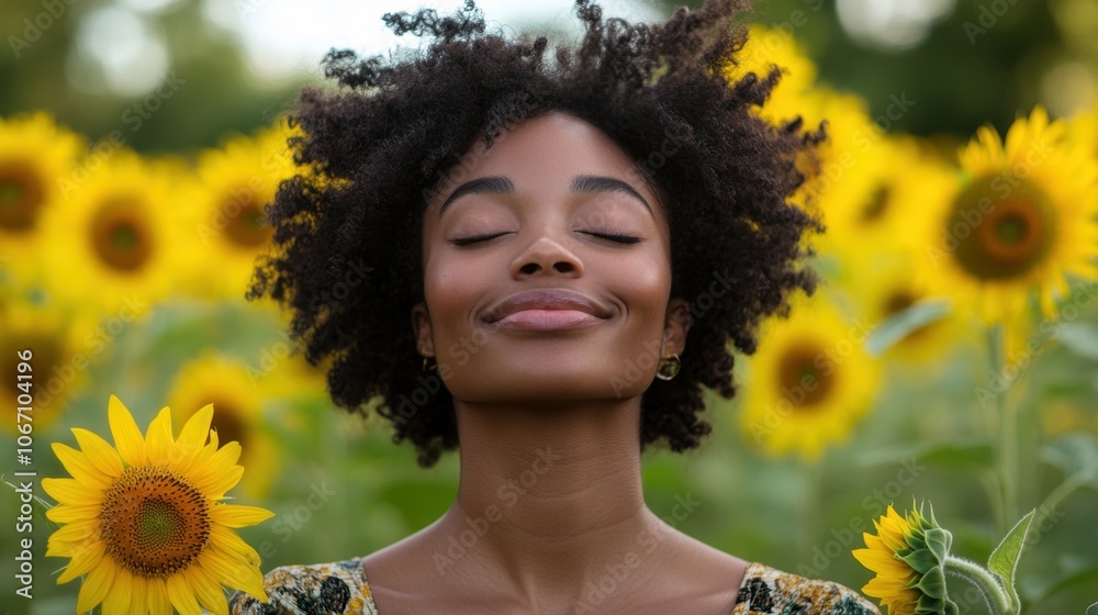 A serene moment in a sunflower field during golden hour, capturing a joyful African woman embracing nature's beauty A serene moment in a sunflower field during golden hour, capturing a joyful African woman embracing nature's beauty