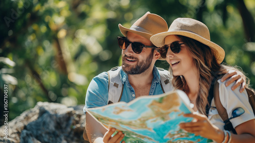 People tourists choose direction of journey on the map. Man and woman looking at map, planning travel, choose excursions, tours.	
