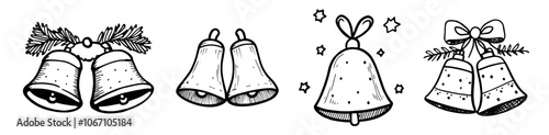 classic christmas bells with bow in hand-drawn style – black vector