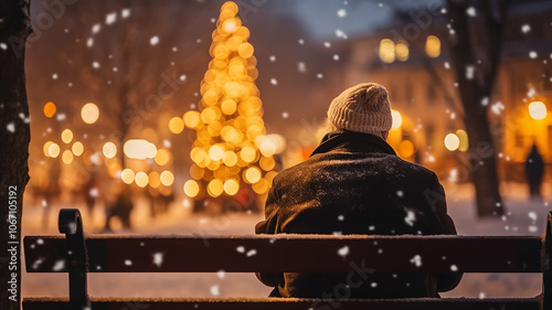 lonely old man on a bench in the city winter park, Christmas Eve snowfall, New Year's background