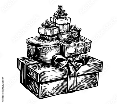 Illustration of holiday gift piles in detailed black vector format