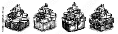 Set of stacked Christmas gift boxes in vintage black vector style