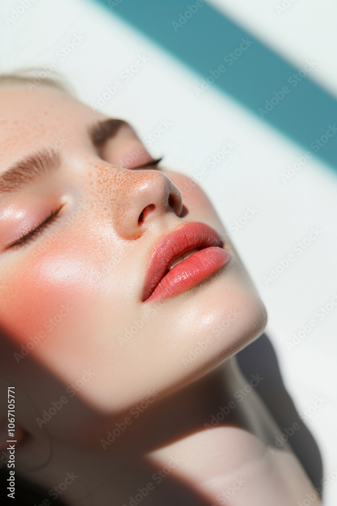 A close-up of woman’s face, 20 years old, closed eyes, soft, natural makeup, sunlight on her face, play of shadows. Delicate, fair complexion and flawless skin, beautiful lips in a pink shade.