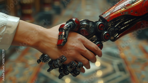 Hand of a businessman shaking hands with a An robot, Alien, machine, AI, technology photo