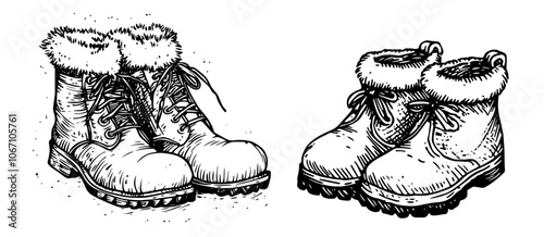 Hand-drawn winter boots with fur detail in black vector collection