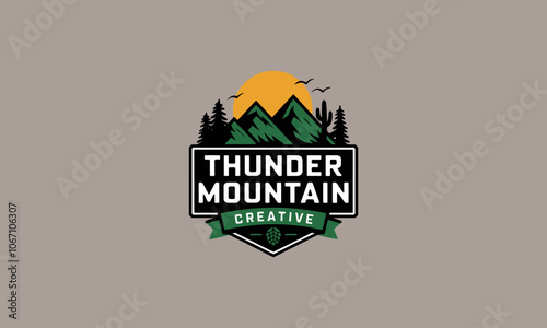 Mountain logo with sunset, trees, and bold typography