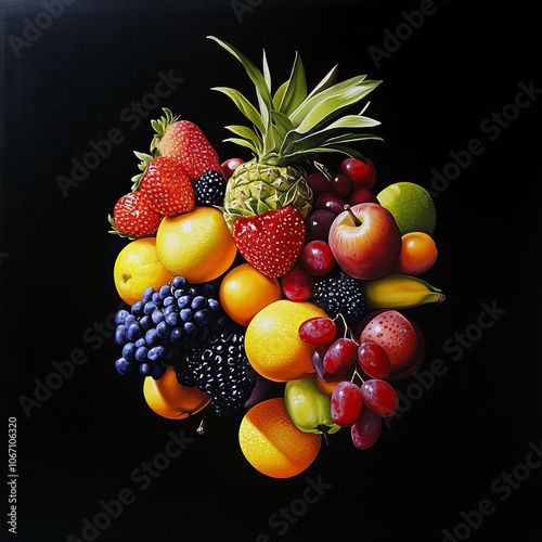 colorful fruits mounted toguether floating ona black background.generative ai