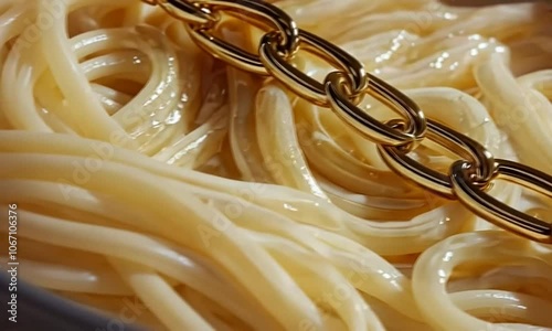 A close-up of pasta in creamy sauce with a gold chain placed artistically on top, blending elegance with culinary delight.