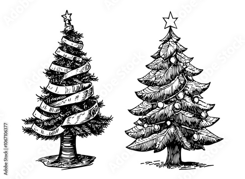 decorated christmas trees in detailed sketch style black vector