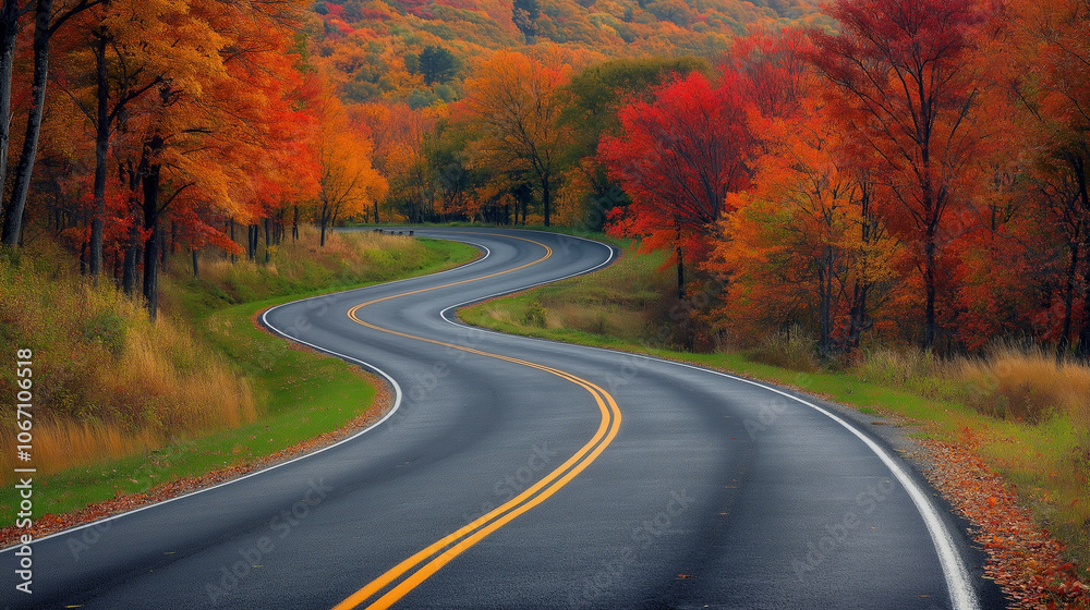 Fototapeta premium Autumn Road Winding Through Colorful Foliage