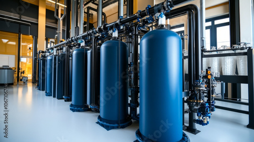 Filtration systems operating in a water treatment plant with clean and dirty water separation visible