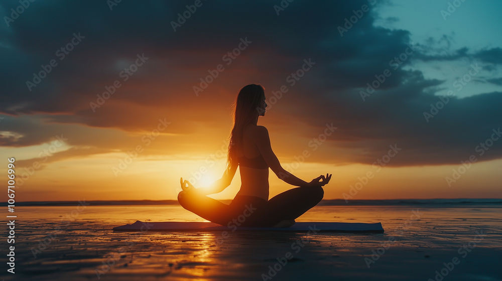 Silhouette of Woman Meditating at Sunset on Beach