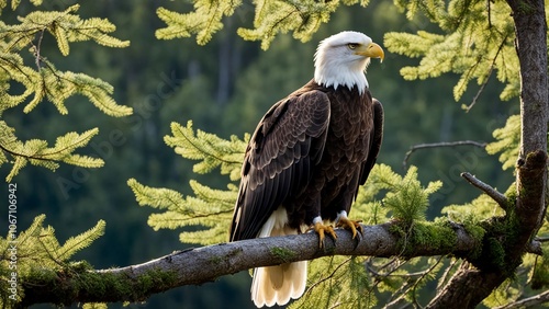 A close-up of a bald eagle perched on a sturdy tree branch, overlooking a tranquil forest