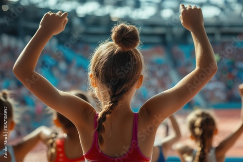 Young gymnast raising arms in victory at stadium with other athletes competing photo