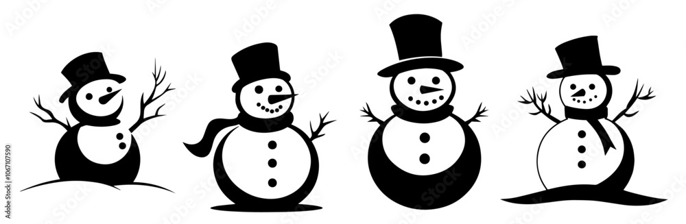 festive winter snowman icons set in black vector festive winter snowman icons set in black vector