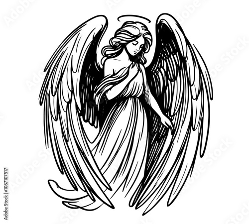 graceful angel sketch in minimalist style, showcasing peaceful symbolism black vector