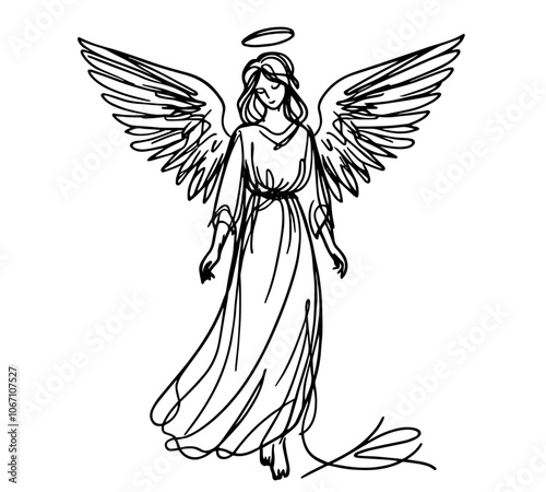 elegant angel illustration in sketch style, capturing serenity and grace in line art black vector