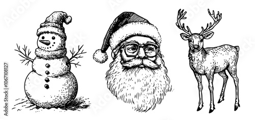 charming holiday trio with snowman, Santa, and reindeer in detailed sketch style black vector