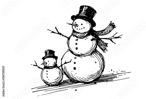 charming snowman duo in top hats, capturing winter magic in hand-drawn sketch style black vector