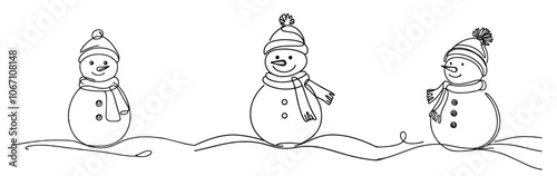 charming snowmen with scarves and hats, perfect for festive winter designs black vector