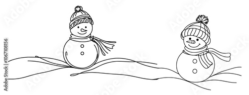playful snowmen trio in minimalist sketch style, capturing winter joy in simple line art black vector