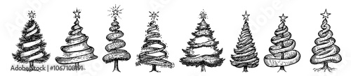 artistic Christmas tree collection in detailed sketch style, capturing festive charm black vector