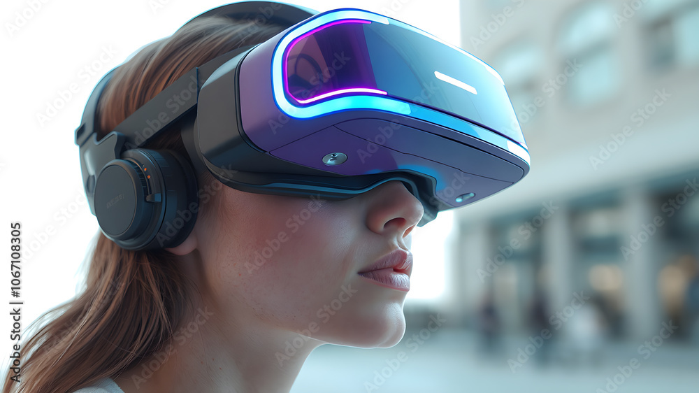 Woman using virtual reality headset on blured urban background. Woman using virtual reality headset on blured urban background.