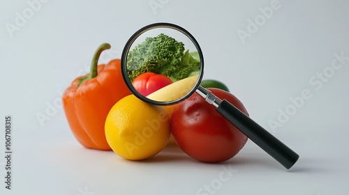 Fresh fruits vegetables inspection with magnifying glass, focus check inspect department, food safety quality control, tomato, paprika, lemon, broccoli