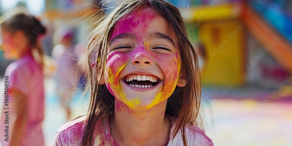 Happy Girl Covered in Colorful Paint at Holi Festival Happy Girl Covered in Colorful Paint at Holi Festival