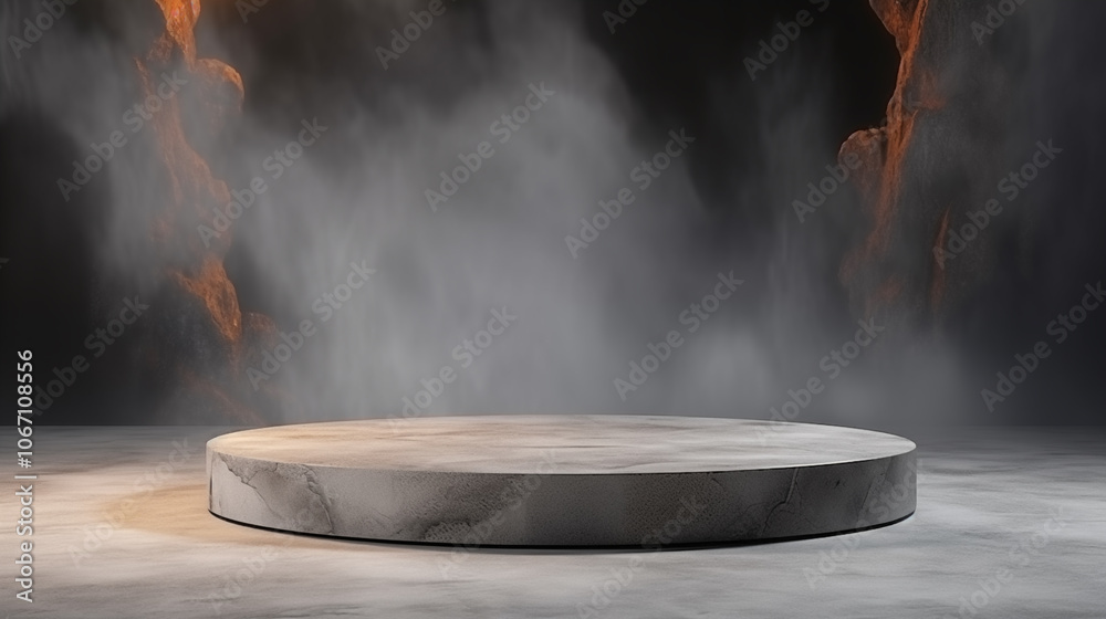 Round stone podium on a in a dark room with smoke background. Backdrop for product presentation, advertising, mockup, showcasing with copy space.
Round stone podium on a in a dark room with smoke background. Backdrop for product presentation, advertising, mockup, showcasing with copy space.