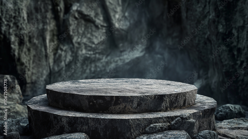 Fototapeta premium Stone rock podium background. Product display presentation, advertising, mockup, showcasing. 
