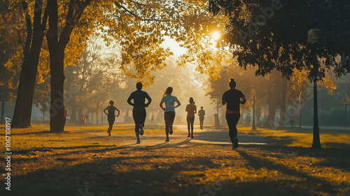 Silhouettes of Runners in Autumn Park at Sunset