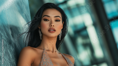 Beautiful Woman with Long Black Hair and Sparkling Earrings