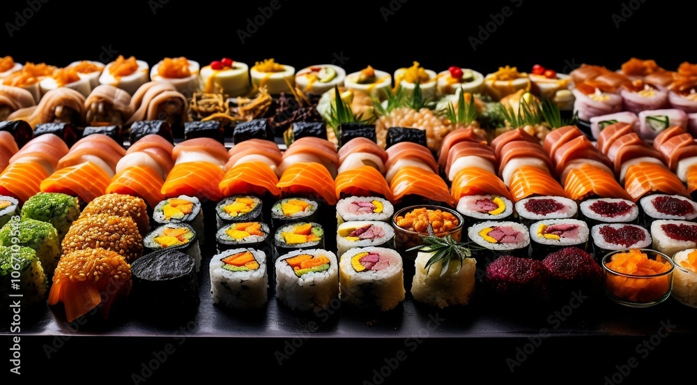 close-up of sushi rolls on the table, sushi rolls set, sushi background, set of sushi rolls, seafood set, designed shushi rolls close-up of sushi rolls on the table, sushi rolls set, sushi background, set of sushi rolls, seafood set, designed shushi rolls