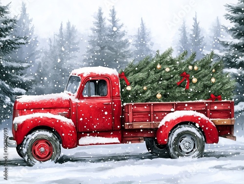 Rectangular pattern of a vintage red truck covered in snow, carrying Christmas trees and decorations.