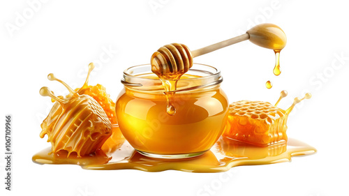 honey splash in a jar and a wooden spoon