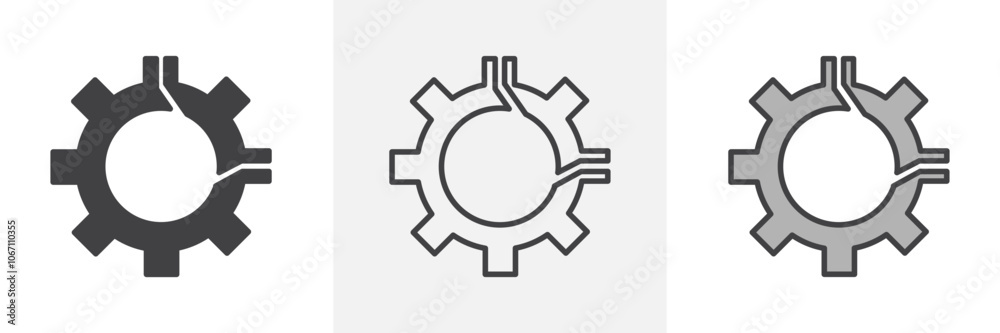 Broken gear icon in black and colored style. Broken gear icon in black and colored style.