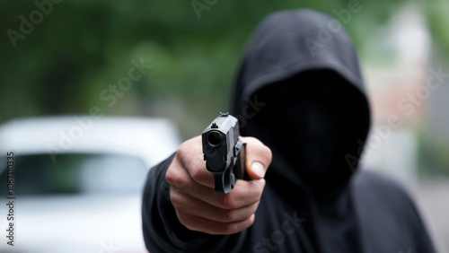 man in black hoodie is pointing handgun, creating tense atmosphere photo