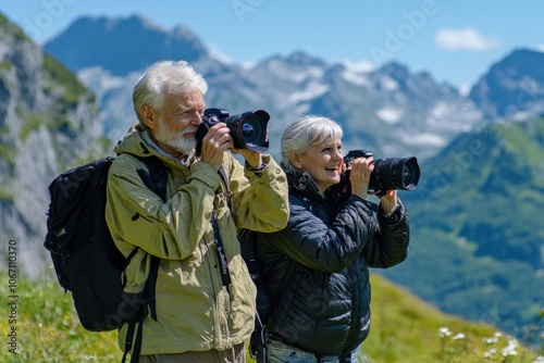 Senior couple taking pictures in the mountains with professional cameras