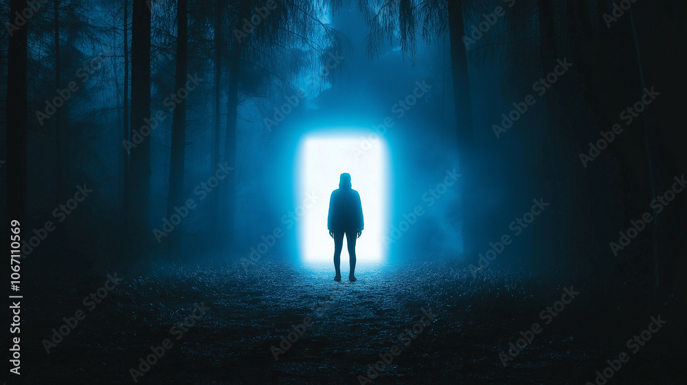 Mysterious Figure at a Glowing Doorway in the Forest