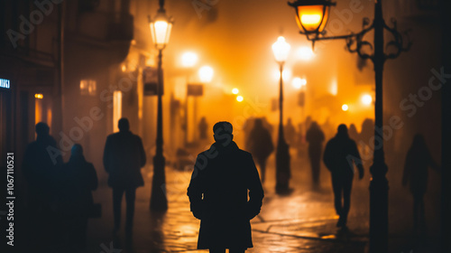 Silhouettes of People Walking in Foggy City at Night