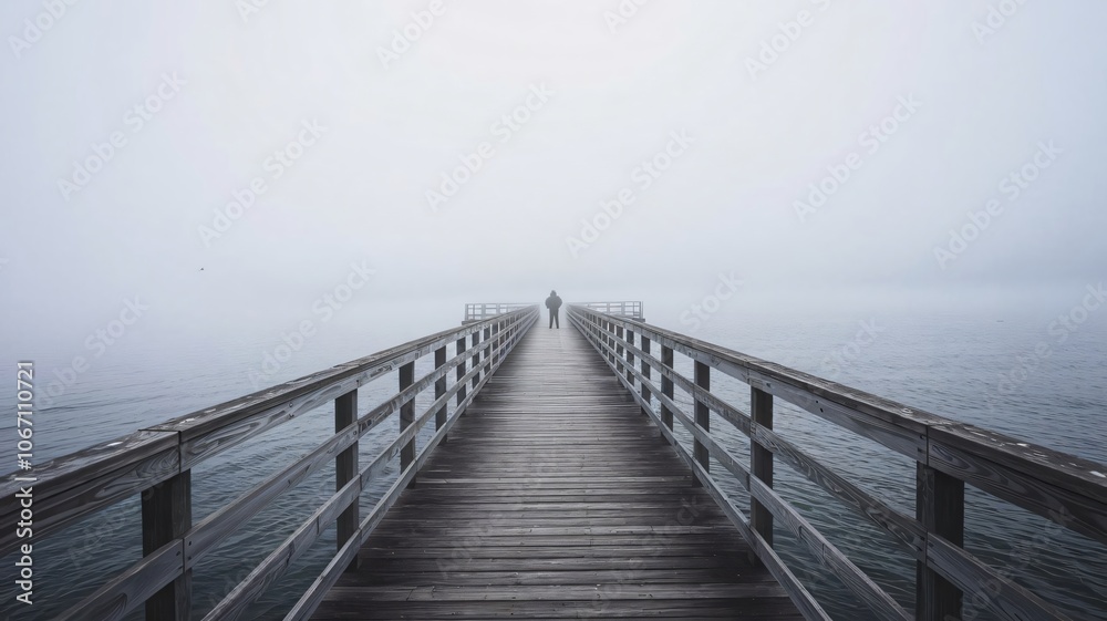 A person walking on a wooden pier by the sea on a sunny summer day A person walking on a wooden pier by the sea on a sunny summer day