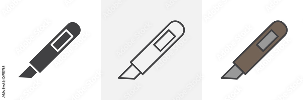 Utility knife icon in black and colored style. Utility knife icon in black and colored style.