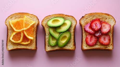 Delight your taste buds with fresh fruit sandwiches featuring orange avocado and strawberry toppings photo