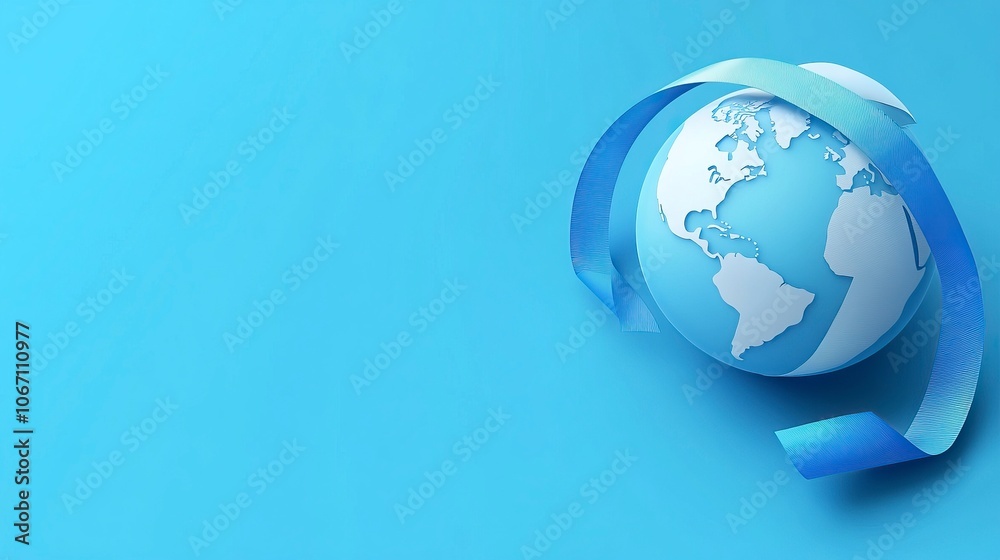 Concept of World Diabetes Day , The world is surrounded by a blue ribbon pin , free space on the left side , on blue background , illustration , generative ai Concept of World Diabetes Day , The world is surrounded by a blue ribbon pin , free space on the left side , on blue background , illustration , generative ai