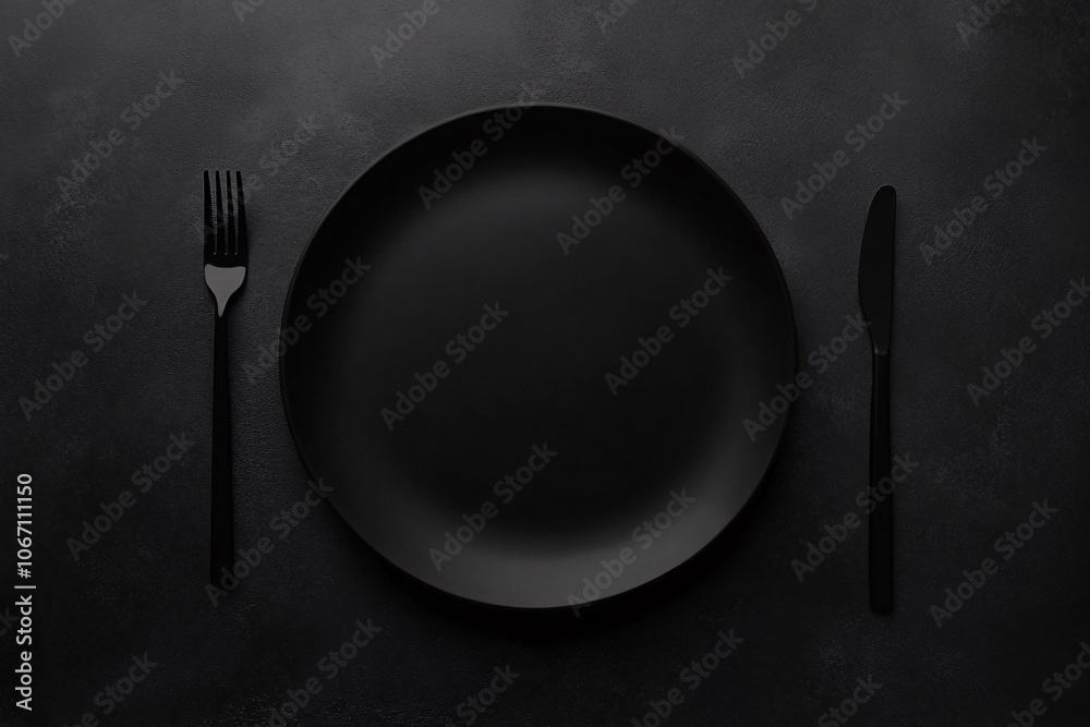 Black Plate with Fork and Knife on Dark Background Minimalist Table Setting Black Plate with Fork and Knife on Dark Background Minimalist Table Setting