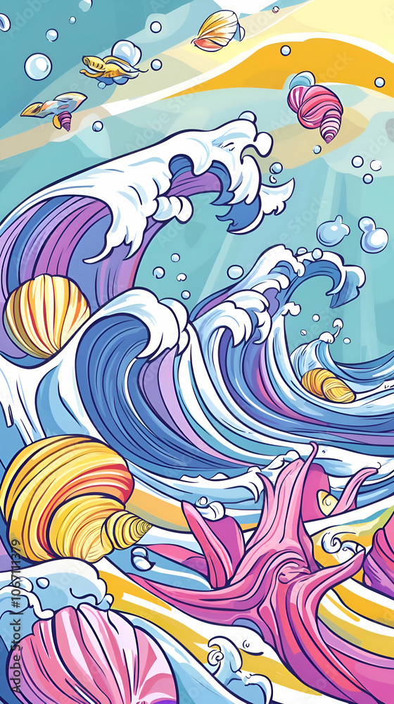 Abstract ocean wave art with colorful shells and bubbles. Abstract ocean wave art with colorful shells and bubbles.
