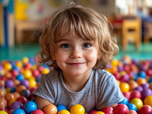 A little boy sitting in a ball pit filled with colorful balls