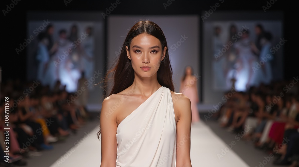 Fototapeta premium A Stunning Fashion Model With a Flawless Look Showcasing an Elegant One-Shoulder Gown on the Catwalk.